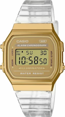 Zegarek damski Casio Vintage A168XESG-9AEF na pasku transparentnym, złota tarcza