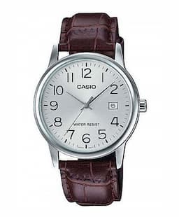 Zegarek męski Brązowy pasek CASIO MTP-V002L-1BUDF na pasku brązowym, srebrna tarcza