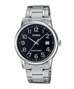 Zegarek męski Srebrna bransoleta CASIO MTP-V002D-1BUDF na bransolecie srebrnej, czarna tarcza