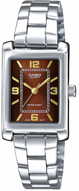 Zegarek damski Prostokątny Srebrny Casio LTP-1234DD-5ADF na bransolecie srebrnej, brązowa tarcza