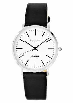 Zegarek damski na czarnym pasku PERFECT E345-4 na pasku szarym, biała tarcza