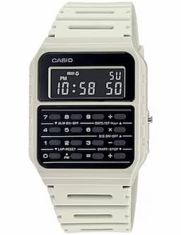 Zegarek unisex z kalkulatorem Casio CA-53WF-8BDF na pasku białym, czarna tarcza