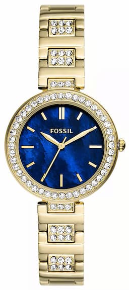 Zegarek damski Fossil Złoty KARLI BQ3924 na bransolecie złotej, niebieska tarcza, WR50