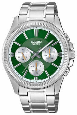 Zegarek męski CASIO MTP-1375D-3AVDF na bransolecie srebrnej, zielona tarcza, WR50
